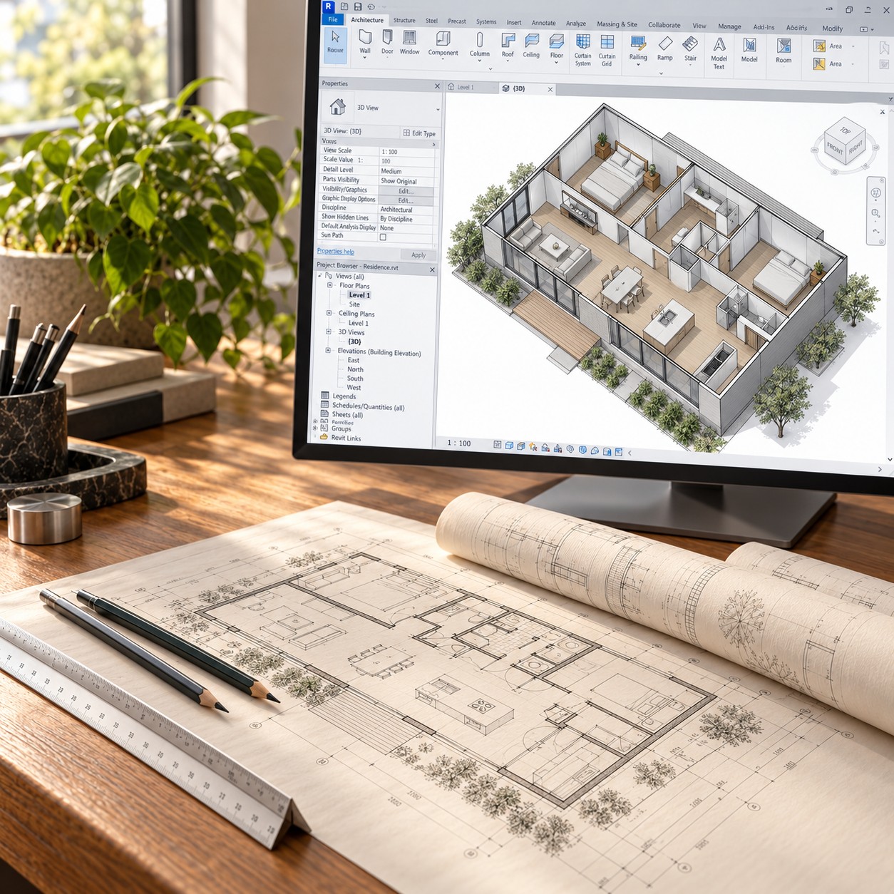 Printed residential floor plans beside a computer displaying an illustrative Revit 3D BIM model